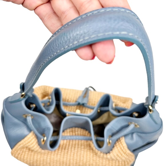 Unica Firenze NEW Italian Leather + Straw Bag Purse Sky Blue - Picture 6 of 16